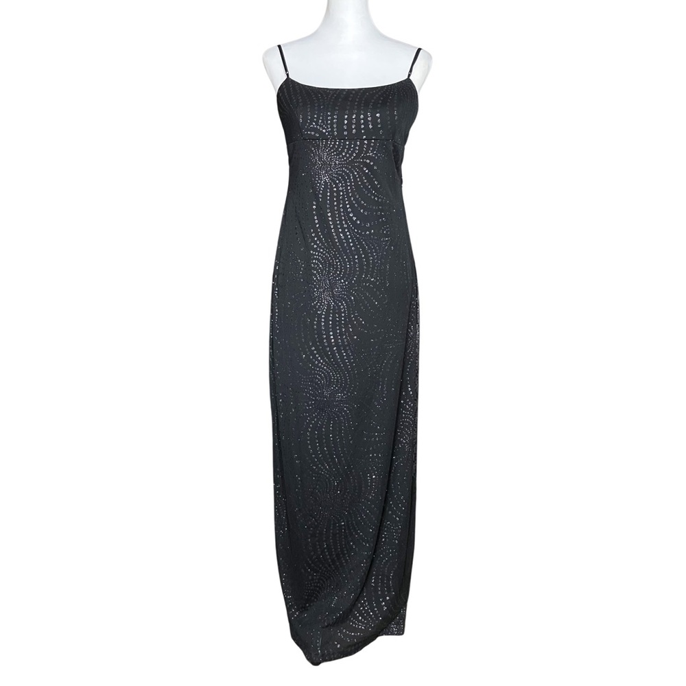 90s Vintage Black Whimsigoth Prom Dress. Medium. Empire Waist Polka Dot Glitter - Picture 2 of 12
